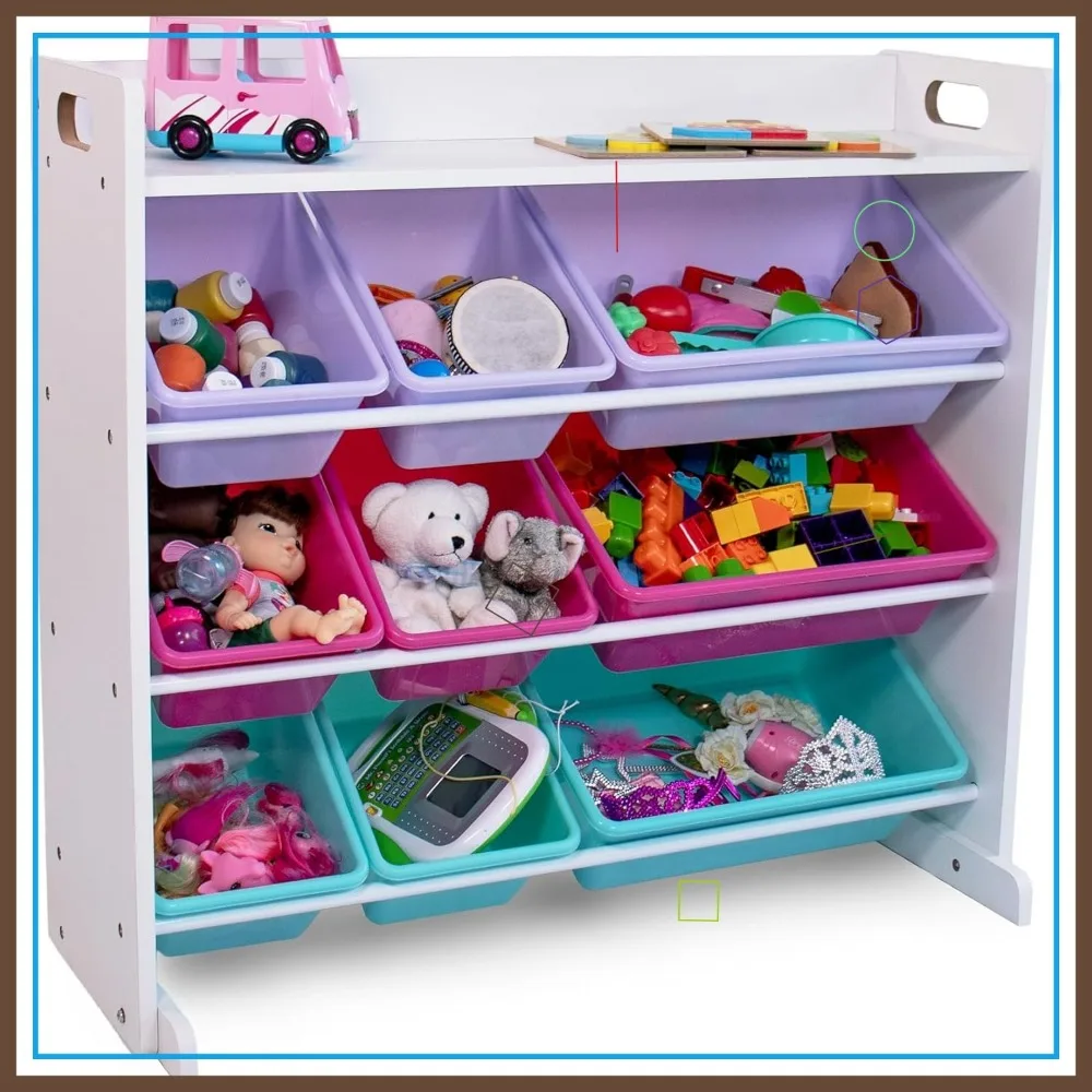 منظم تخزين ألعاب الأطفال مع 9 صناديق قابلة للإزالة، رف كتب أبيض/وردي/أرجواني/أكوا لغرف اللعب والحضانات