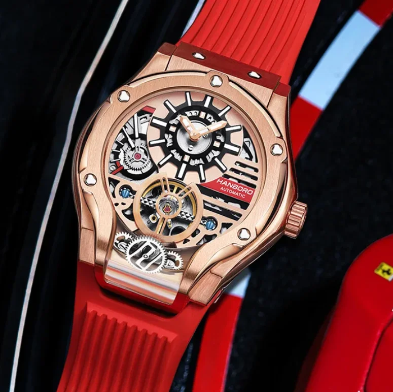 

HANBORO Men Automatic Watch 42mm Mechanical Wristwatch Waterproof Luminous Skeleton Dial Rubber Strap 8N24