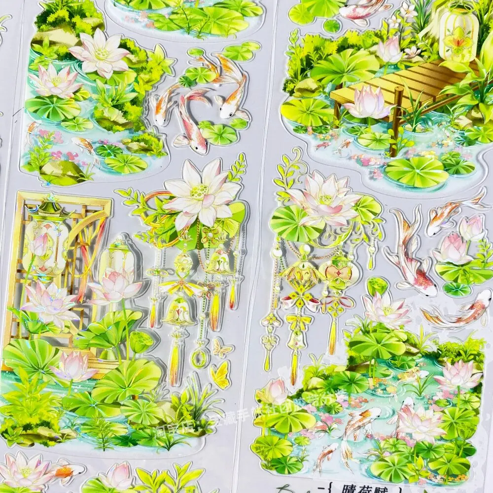 Lotus and Koi Fish PET Tape Sample, BOBO Fish Die-Cut Sticker for Journal Scrapbooking DIY Craft