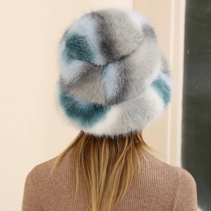 2024 luxus Flauschigen Faux Pelz Eimer Hut Frauen Imitation Pelz Warme Kaninchen Pelz Kappe Russische Frauen Panama Fischer Hut Bob Großhandel – Detail 4