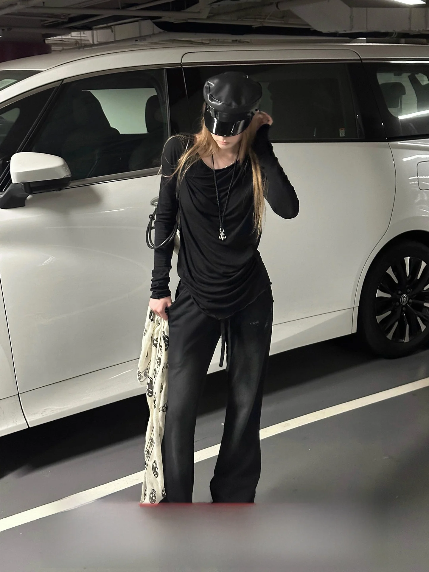 Rase Le Sol 'Breakout Mission' Casual Pants Grey Black Weathered Print Micro Flared Cotton Straight Leg Ladies Trousers