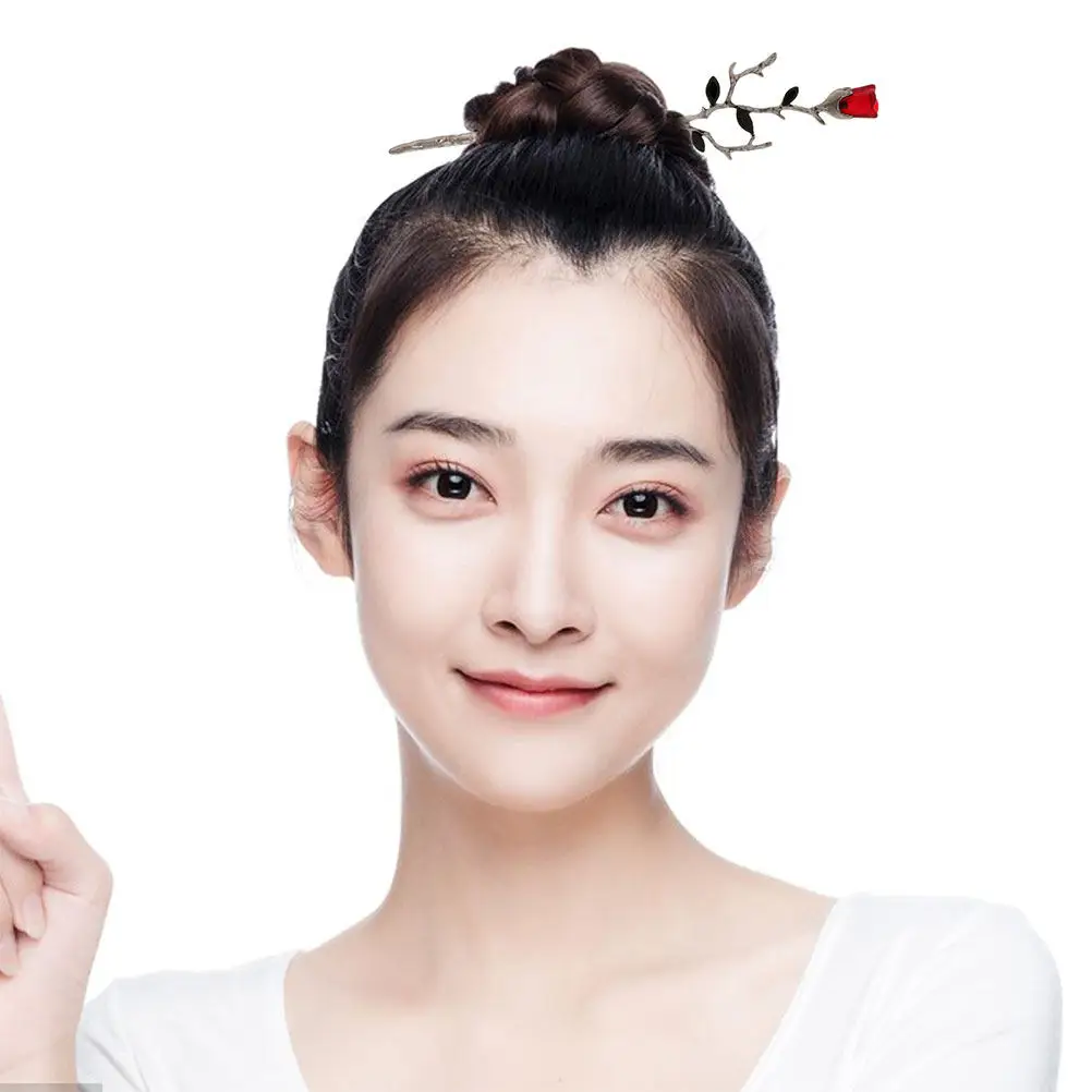 2Pcs Retro Hairpin Chopsticks Rose Flower Hair Accessories for Buns Updo Long Hair Pins Chinese Style Pins for Bun