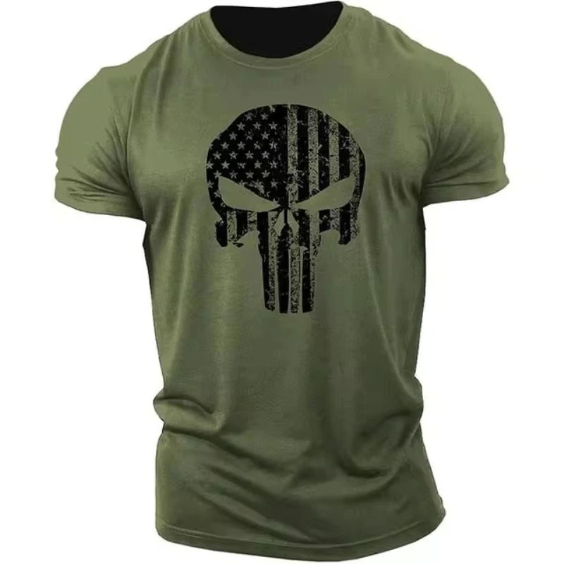 Men\'s 2022 Skull 3D Printing T-Shirt Men\'s Casual Sports T-Shirt Short Sleeve Summer New Quick Dry Tough Guy Army Green Top