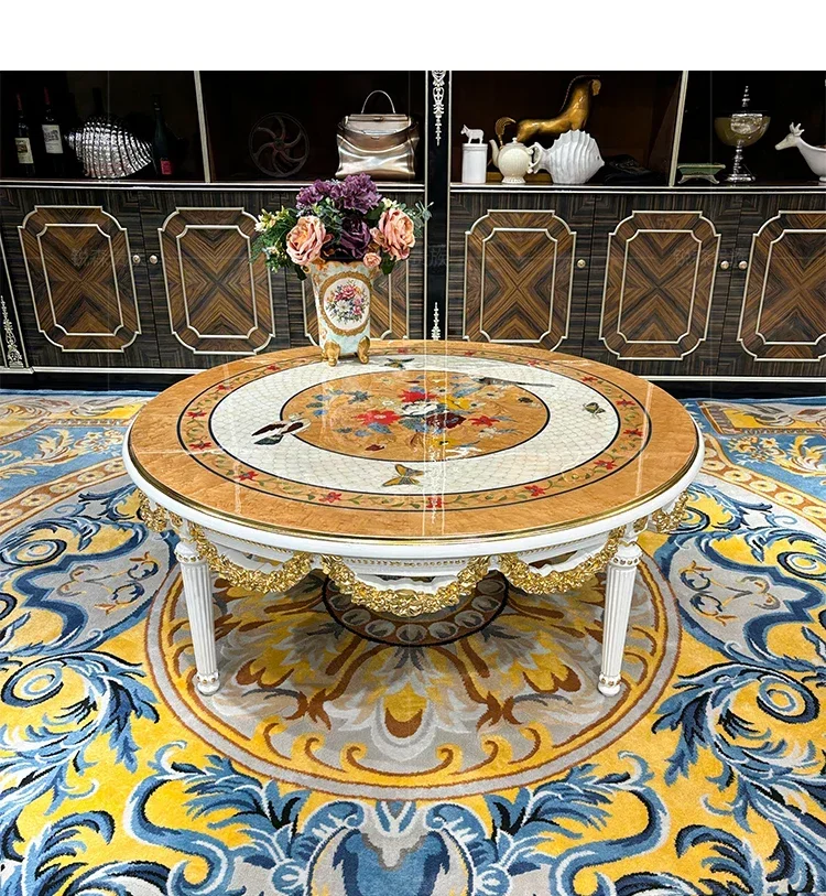 

French solid wood coffee table, European carved round tea table, living room shell veneer tea table45