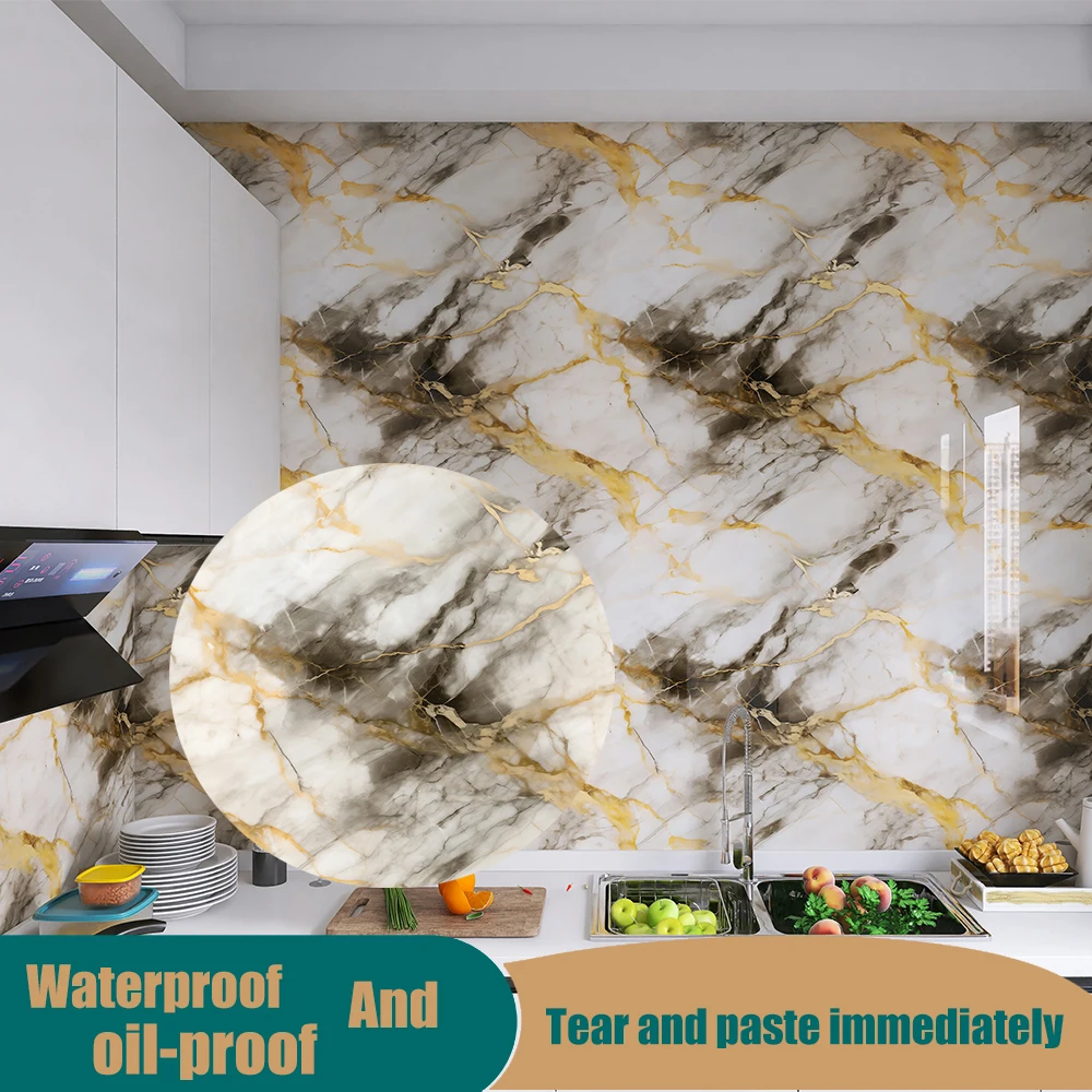 Bathroom Self Adhesive Waterproof Anti Mold Anti Stain Wall Stickers Modern 40cm DIY Marble Kitchen Self-adhesive Wall Wallpaper