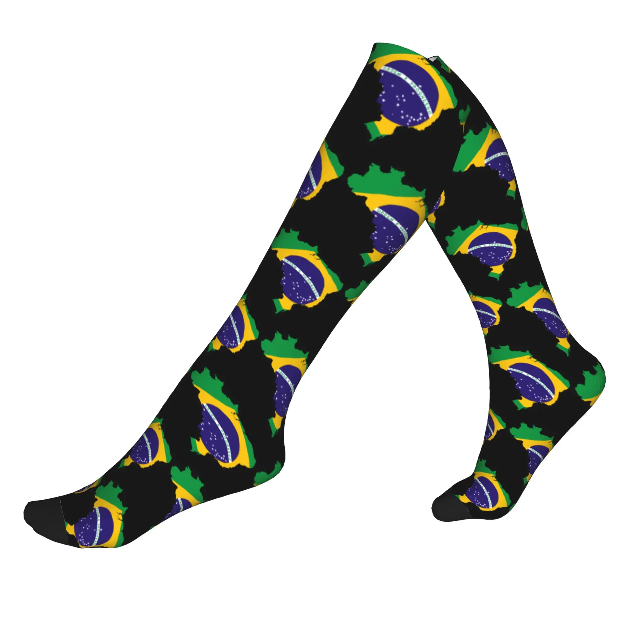 

Brazilian Flag Inside Map Of Brazil Dress Socks Men's Women's Warm Fashion Sports Compression Socks