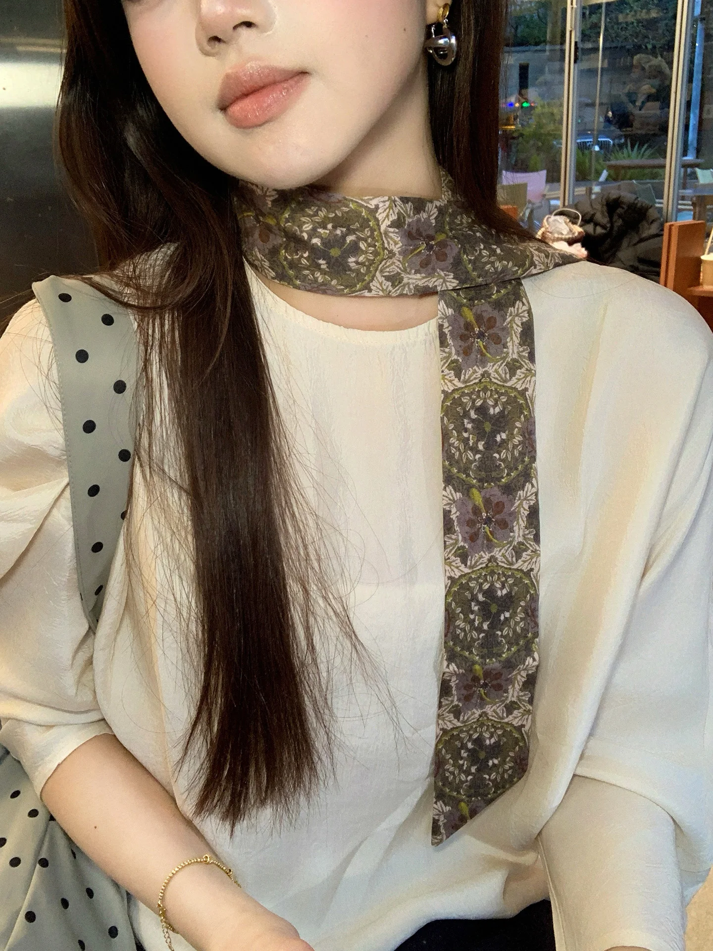Retro Artistic Floral Print Long Silk Scarf Women's Elegant Thin Necktie Stylish Accessory Spring Season Plant Floral Pattern