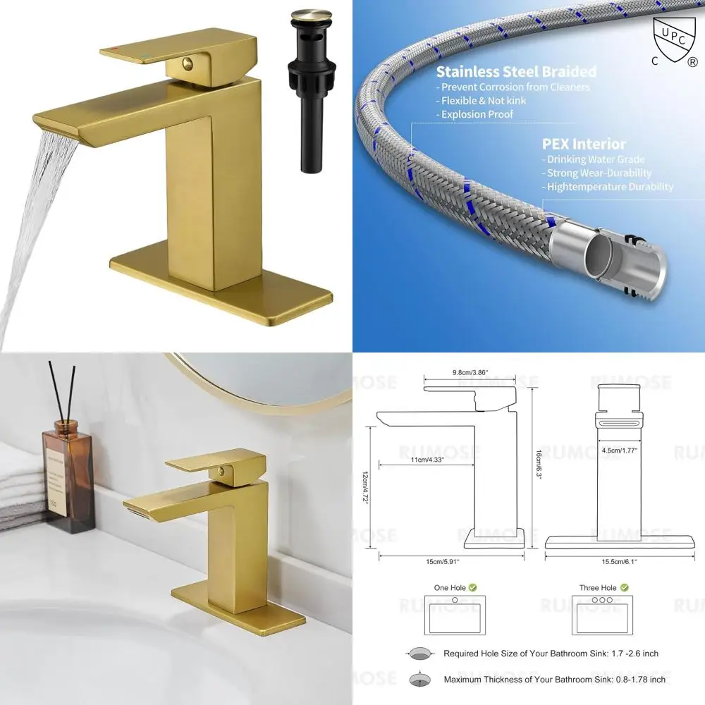 

Single Handle Brushed Gold Bathroom Faucet Set with Pop-Up Drain and Waterfall Spout for Vanity Sinks, Stainless Steel