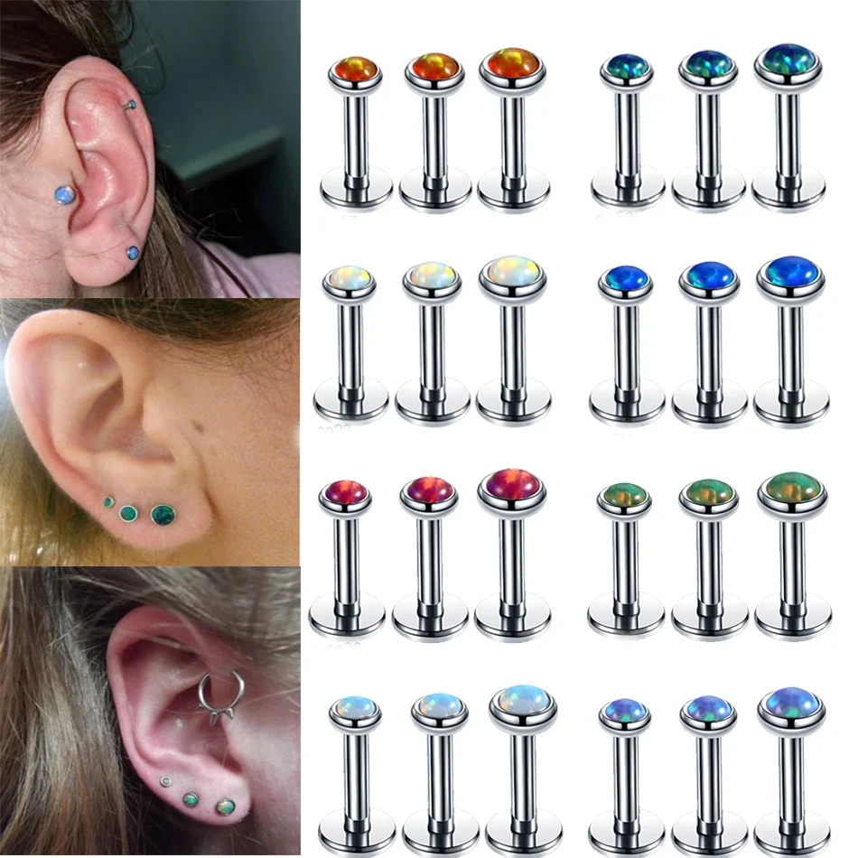 3Pcs/set Stainless Steel Internally Thread Opal Stone Labret Stud Lip Ring Ear Stud Helix Tragus Earring Body Piercing Jewelry