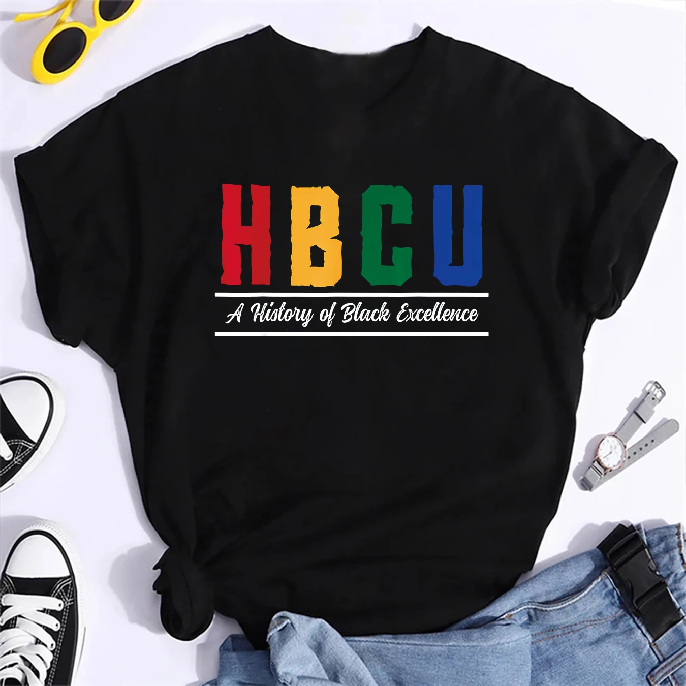 HBCU A Hiotoiy Of Black Excellence Print Short Sleeve Pattern Women's Summer T-Shirt Women's Printed Summer T-Shirt Women Top