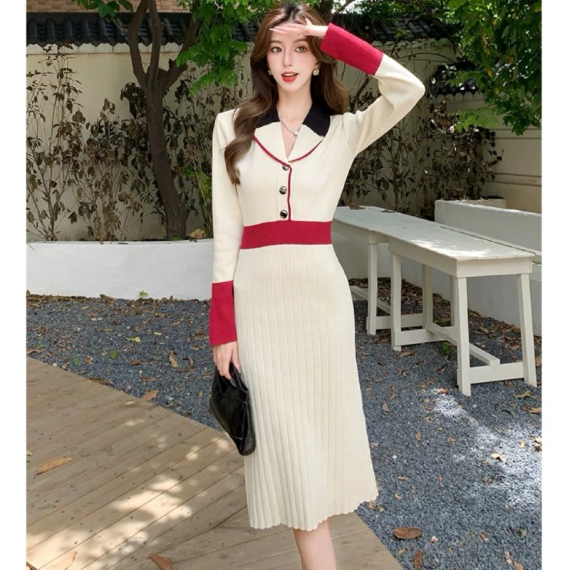 Korean Fashion Hit Color Notched Collar Knitting Dress Autumn Winter Single Breasted Long Sleeve  Elastic Pleated Midi Vestidos