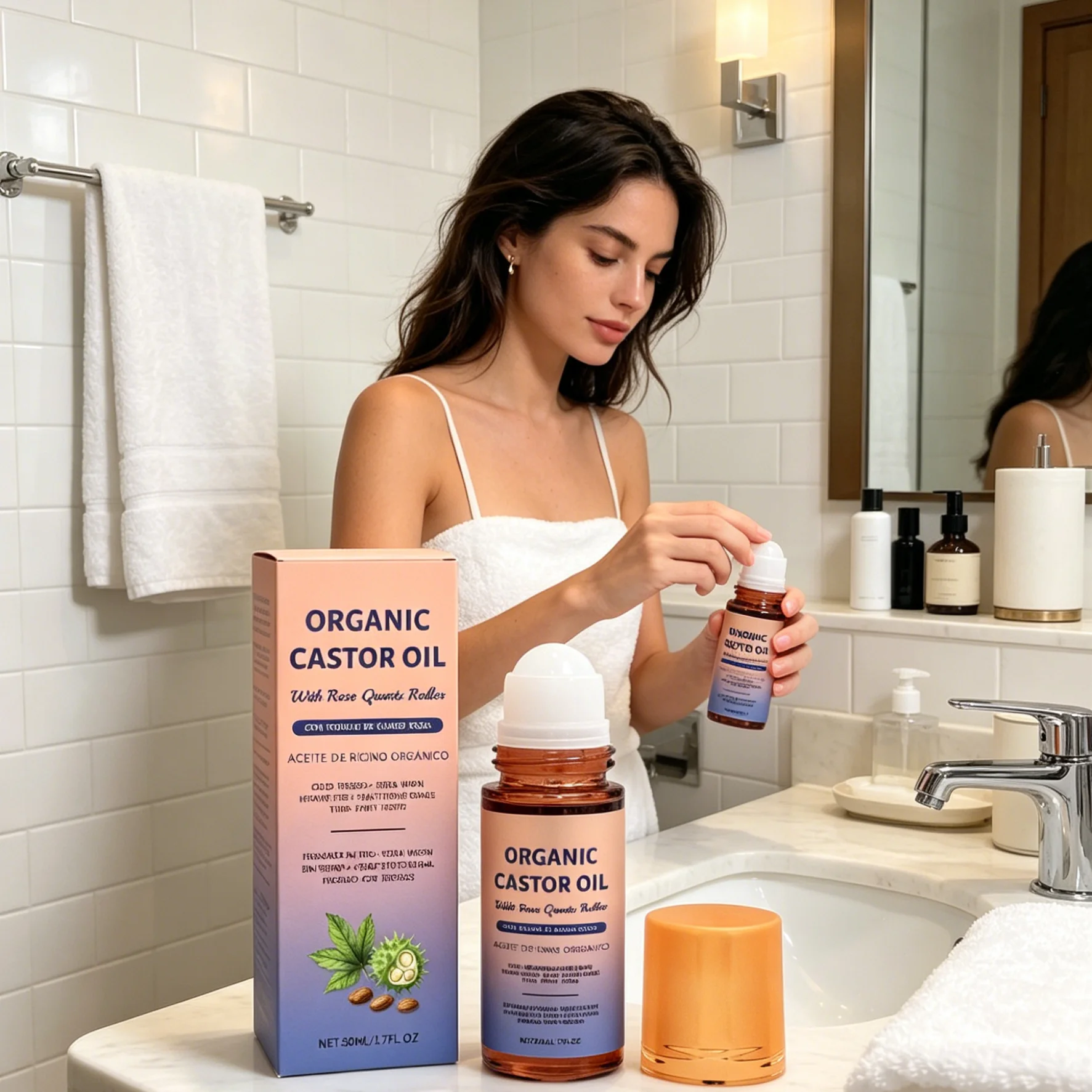 Aceite de Ricino Orgánico Prensado en Frío, Aceite Corporal Hidratante y Calmante con Rosa Mosqueta para Reafirmar la Piel, Aceite Corporal en Roll-on de 50 ml