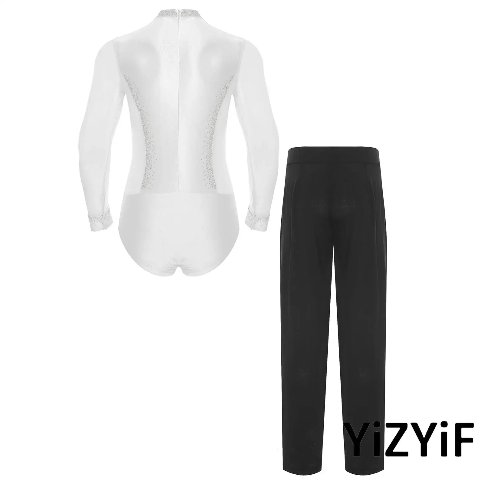 

Men Gymnastics Outfit Sheer Mesh Shiny Rhinestone Bodysuit Pants For Figure Skating Performance Professional Stage Latin Dance