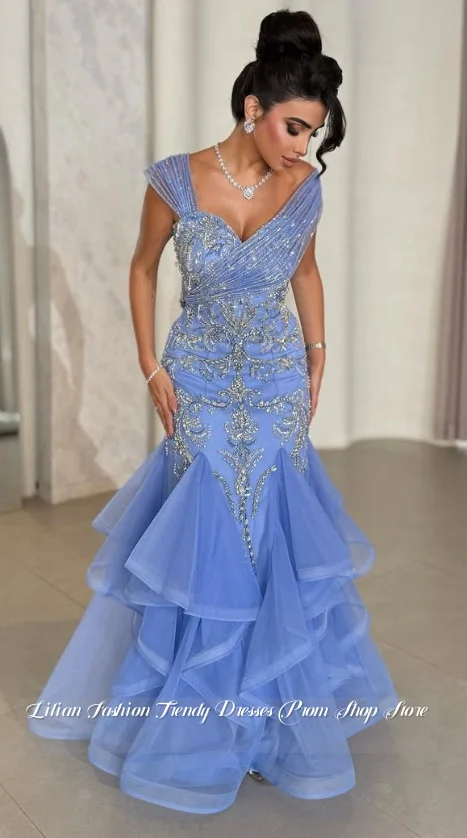 Robe de soirée de luxe personnalisée du moyen-orient, épaules dénudées, perles brodées, robe de bal bleue, robe de soirée de mariage