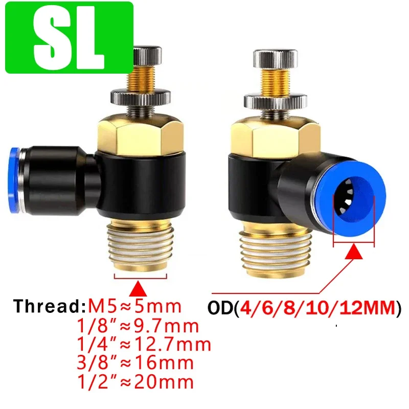 4/6/8/10/12mm SL Pneumatic Throttle Valve Adjustable Cylinder Speed Control Valve M5 1/8''1/4'' 3/8'' 1/2'' Male Thread Fittings