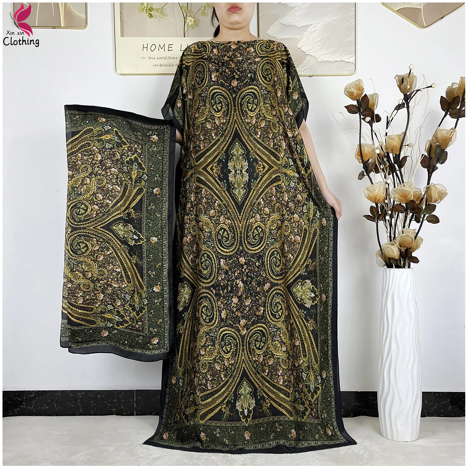 2026 Summer New Fashion African Abaya Dresses Printed Silk Bat Sleeve Loose Dress with Scarf, Women's Kaftan Dress