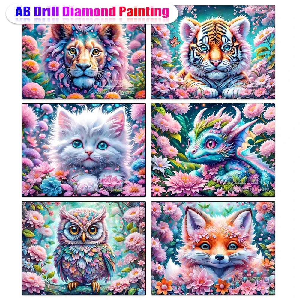 New AB Diamond Painting Cute Animal Diamond Art Dinosaur Tiger Fox Flower Full Round/Square Mosaic DIY Home Decoration Gift