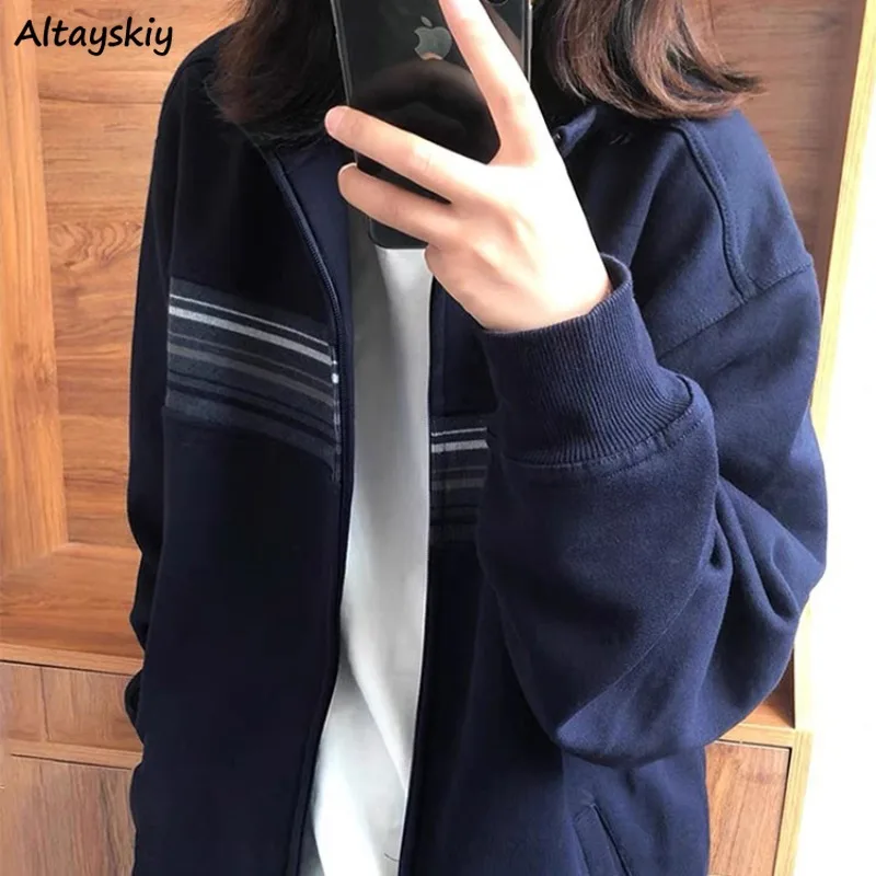 Zipper Jackets for Women Navy Blue Cool Girl Clothing Tops Simple Striped Chic Spring Autumn Stand Collar All-match Korean Style