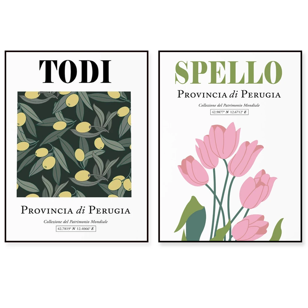 Spello Umbria, Gubbio, Calabria Tyrrhenian and Ionian Sea, San Gimignano, Siena region, Tuscany Italy aesthetic floral poster