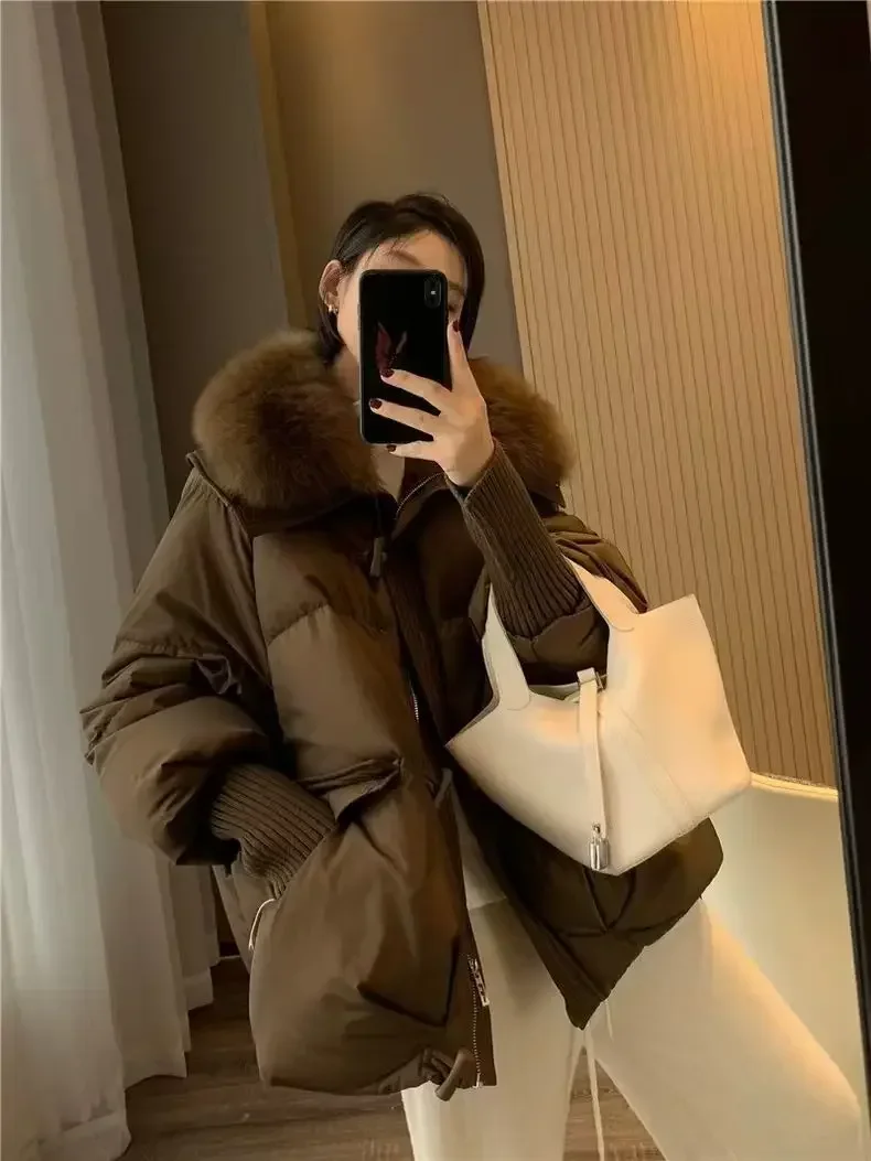 Women Winter New Fur Collar Puffer Down Parka Loose Down Warmer Thicken Snow Jacket Pocket Zipper Faux Fur Outerwear Female