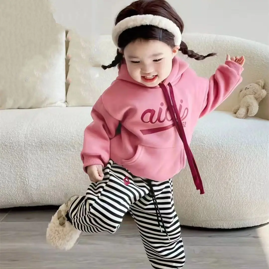 

Girls Princess 2pcs Clothes Set Baby Kids Children Thicken Hooded Plus Velvet Sweater+Stripe Pants Suit Winter Warm Sports suit