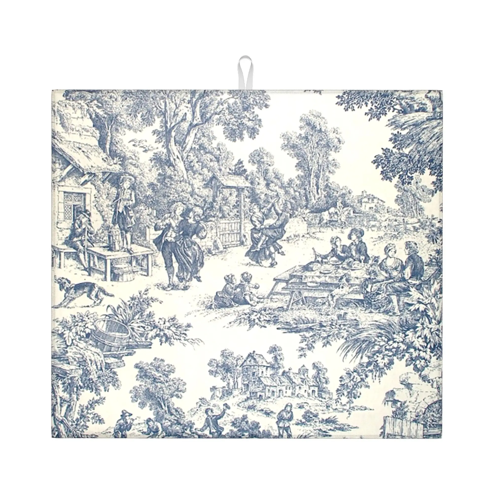 Toile de Jouy Number Drying Mat For Kitchen Waterproof Non‑Slip Oil Proof Reusable French Classic Countertop Protector Mat