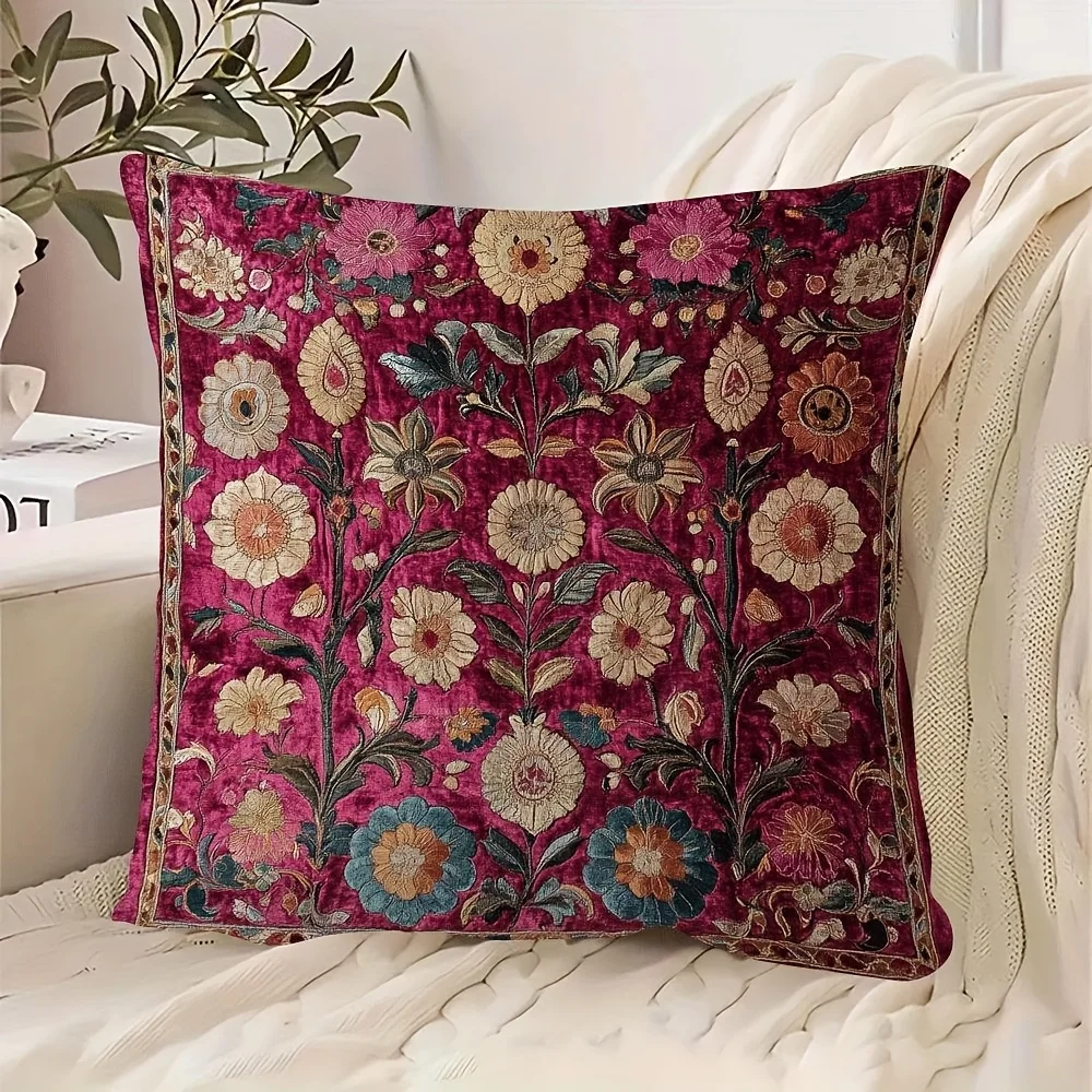 Funda de Almohada Floral Bohemia Magenta, Funda de Cojín con Estampado de Terciopelo Vintage, Decoración para el Hogar Inspirada en Suzani, Regalo