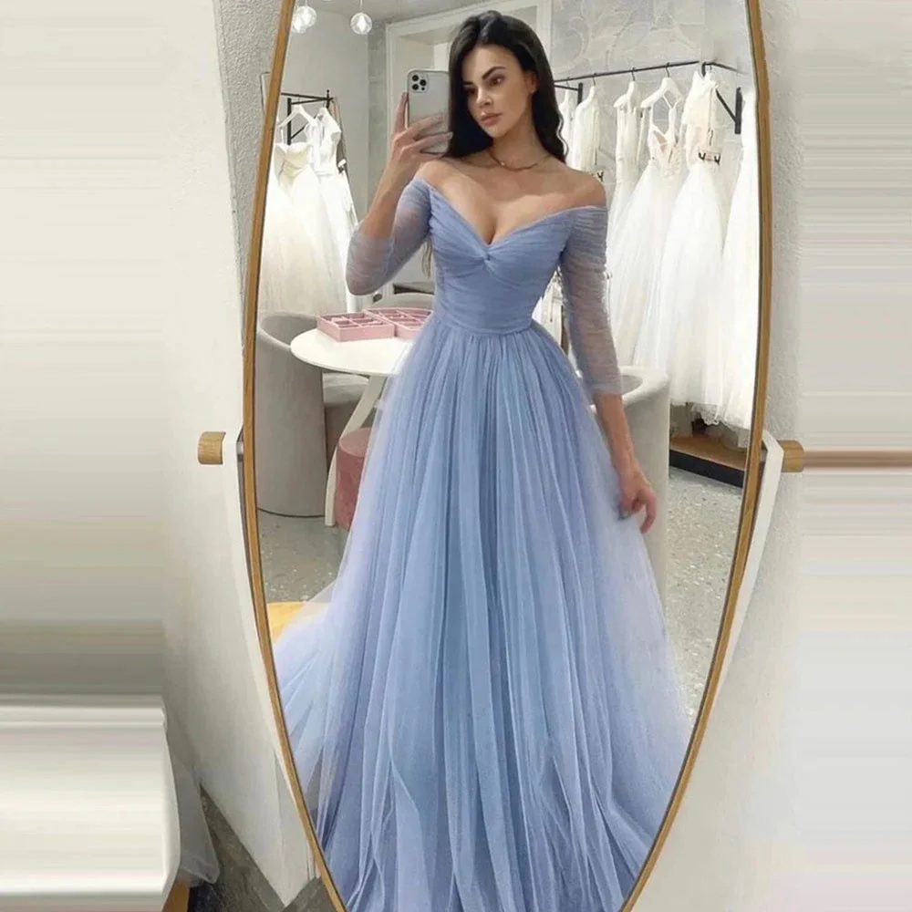 Sansa Mist Blue Off the Shoulder فساتين السهرة A-line Tulle Vestidos De Noche Elegant Long Sleeves Floor-Length Prom Dresses