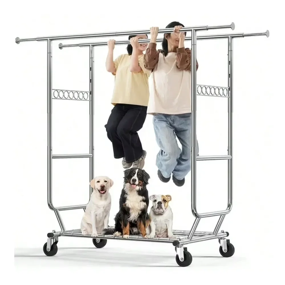 Lbs Heavy Duty Clothing Garment Rack With Shelves Commercial Grade Clothing Racks On Wheels Rolling Double Clothes Rack Portabl