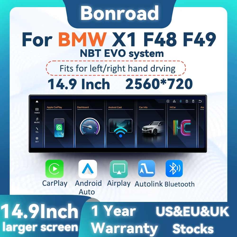 BONROAD Écran tactile 14,9 pouces 2560*720P pour BMW X1 F48 X2 F49 système NBT EVO, CarPlay sans fil, Android Auto, autoradio, GPS, lecteur de navigation, écran multimédia