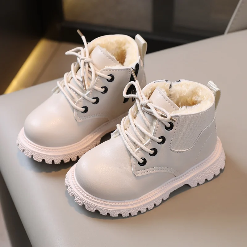 Fashion Kids Boys Girls Martin Boots British Style Winter Warm Velvet Short Boots Children Casual Anti-slip Zipper Leather Shoes