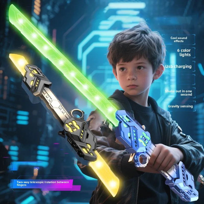 Espada de juguete brillante colorida para chico, espada láser de música telescópica, escalabilidad bidireccional, juguete de descompresión giratorio, Cosplay