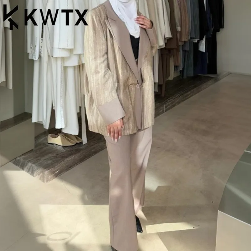 

KWTX 2025 Spring Summer Women Notched Lapel Color Block Blazer High Waist Wide Leg Pants Set Lightweight Two Piece Suit Outfit