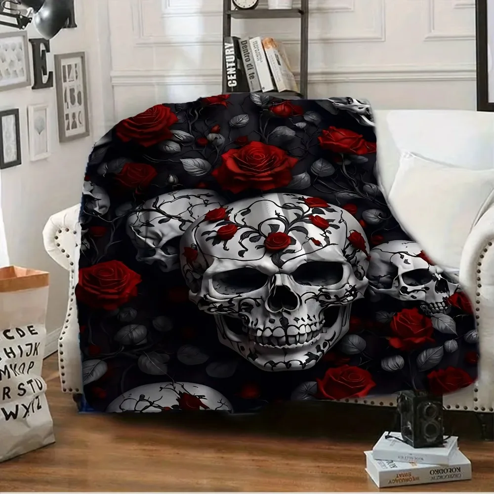 Dark Skeleton Rose Blanket Flannel Gothic Style Living Room Sofa Blanket Lunch Break Holiday Decoration Essential