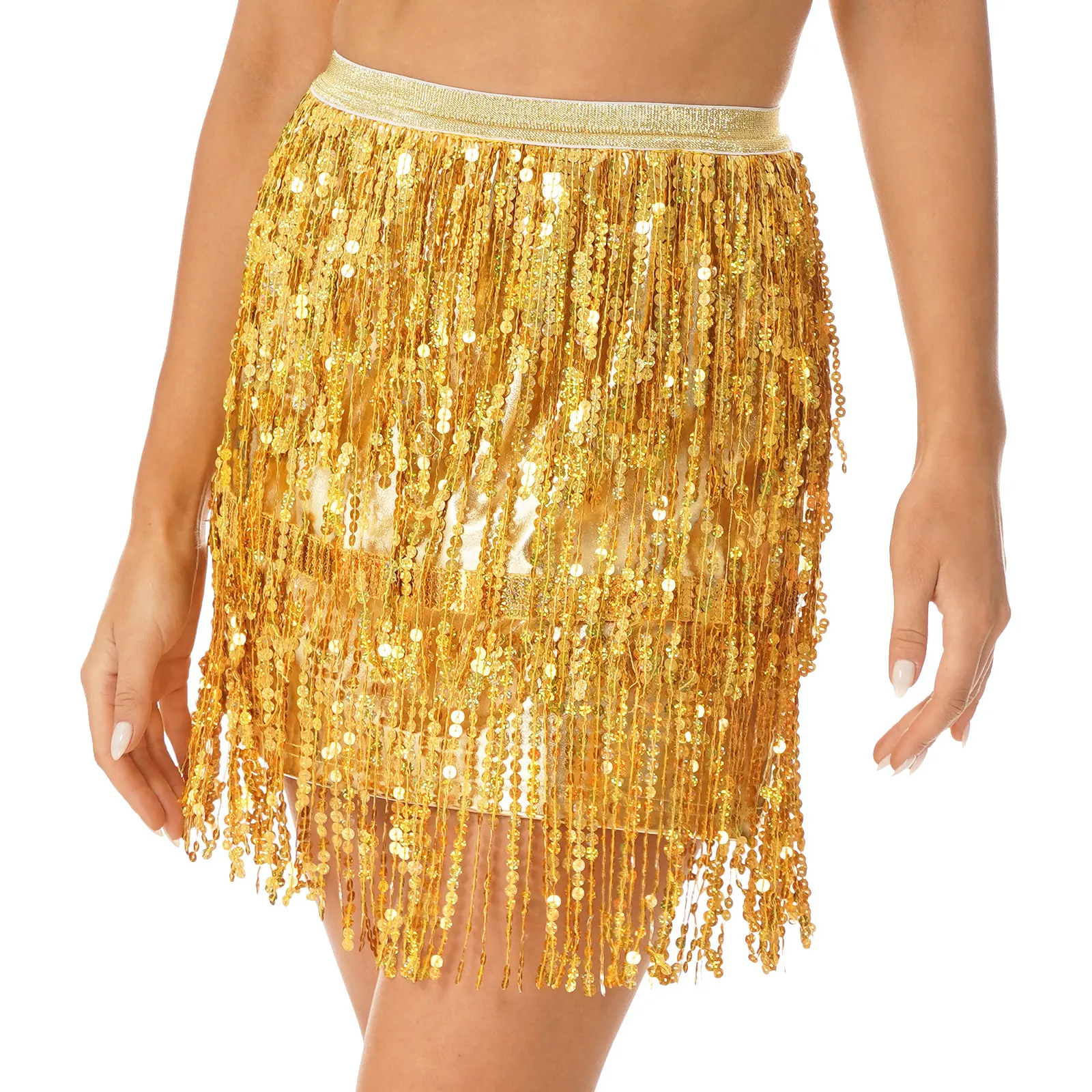 Womens Sparkly Sequin Tassel Skirt Latin Dance Performance Costume Elastic Waistband Patent Leather Fringed Skirts Clubwear