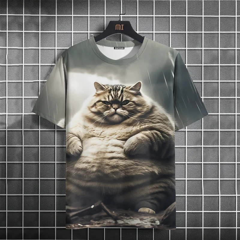 Funny men's T-shirt animal fat cat printed T-shirts casual loose short sleeved tee oversized men Clothing tops summer streetwear