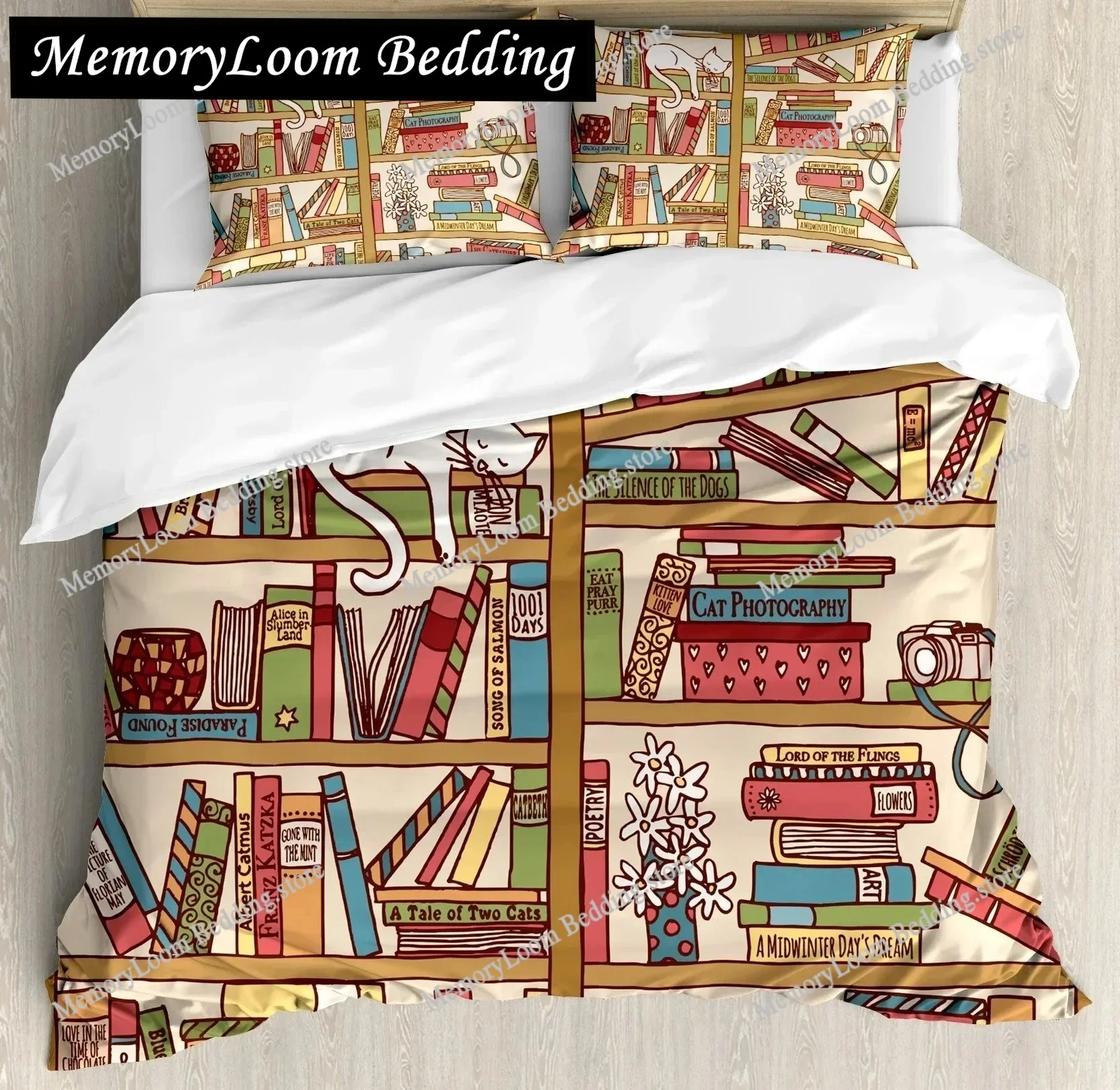 

Books Lovers Gift Duvet Cover Set Full Size,Readers and Literary Lover Bedding Sets,Vintage Librarians Bookshelf Comforter Cover