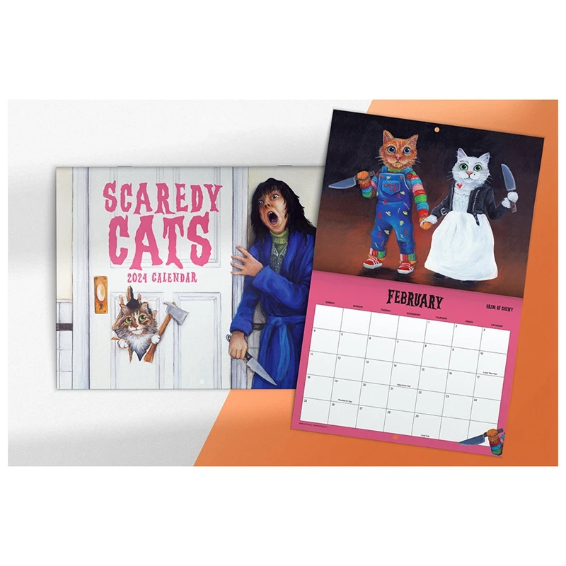 

1 Piece Scaredy Cats 2024 Monthly Calendar As Shown About 21X29cm Horror Movie Cat Parody 12-Month Wall Calendar