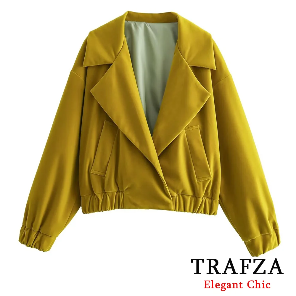 TRAFZA Classic Casual Cardigan Jacket Coat Women's Large Lapels Pockets Shrunken Hem Jacket Coat New 2024 Spring Jacket