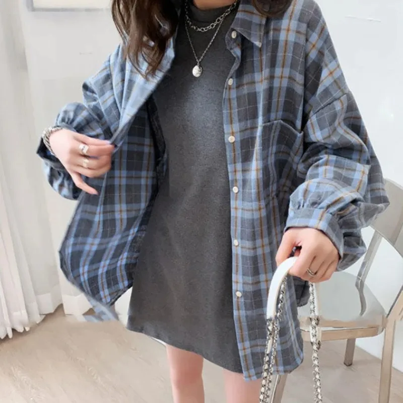 

Plaid Women Shirt Fashion Korean Harajuku Daily Blouse All-match Long Sleeve Chic Female Yellow Shirts Y2K Casual Vintage Shirts