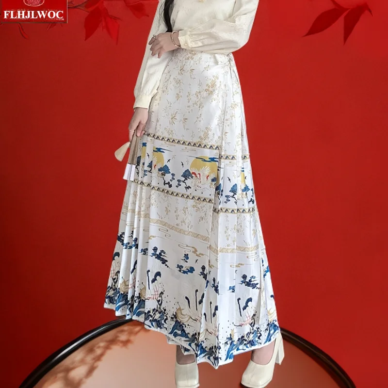 Stunning Traditional Chinese Style One-Piece Wrap Lace-Up Bow Tie Skirts Floral Print Ceremony Retro Vintage Long Pleated Skirts