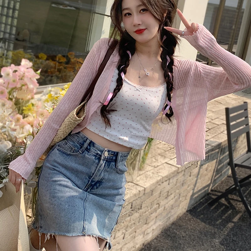 Sexy Women V Neck Button Long Sleeve Cropped Knitted Loose Cardigan Sun Protection Tops