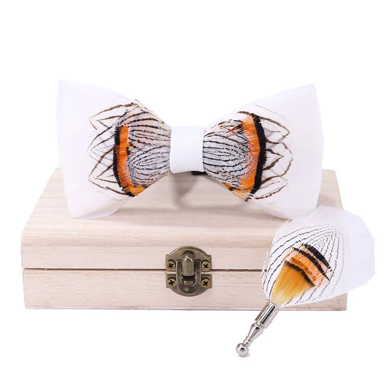 White Bird Feather Bow Tie Original Design Natural Hand Made Bowtie Brooch Set Wedding Bow Tie with Wood Gift Box
