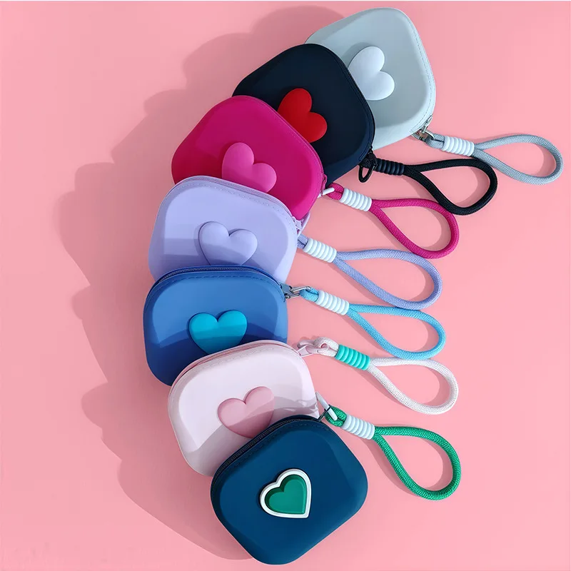 1pc Love Heart Storage Bag Silicone Coin Purse Wallet with Weaving Lanyard Portable Data Cable Earphone Organizer Key Pouch