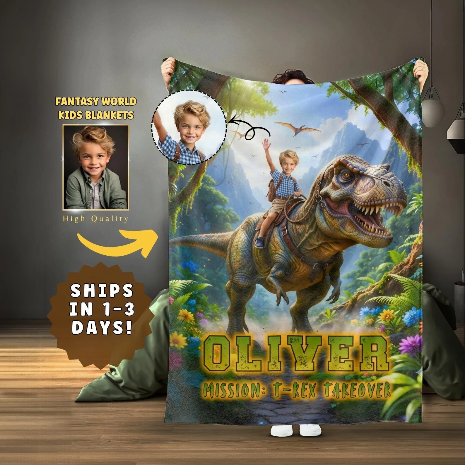 Custom Kids Face Riding Dinosaur Blanket, Personalized Boys T-Rex Photo Soft Fleece Throw, Cozy Bed Nursery Decor, Birthday Gift
