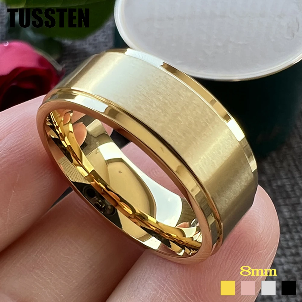 TUSSTEN 8MM Stainless Steel Engagement Ring Stepped Brushed Items Men Women Classic Jewelry