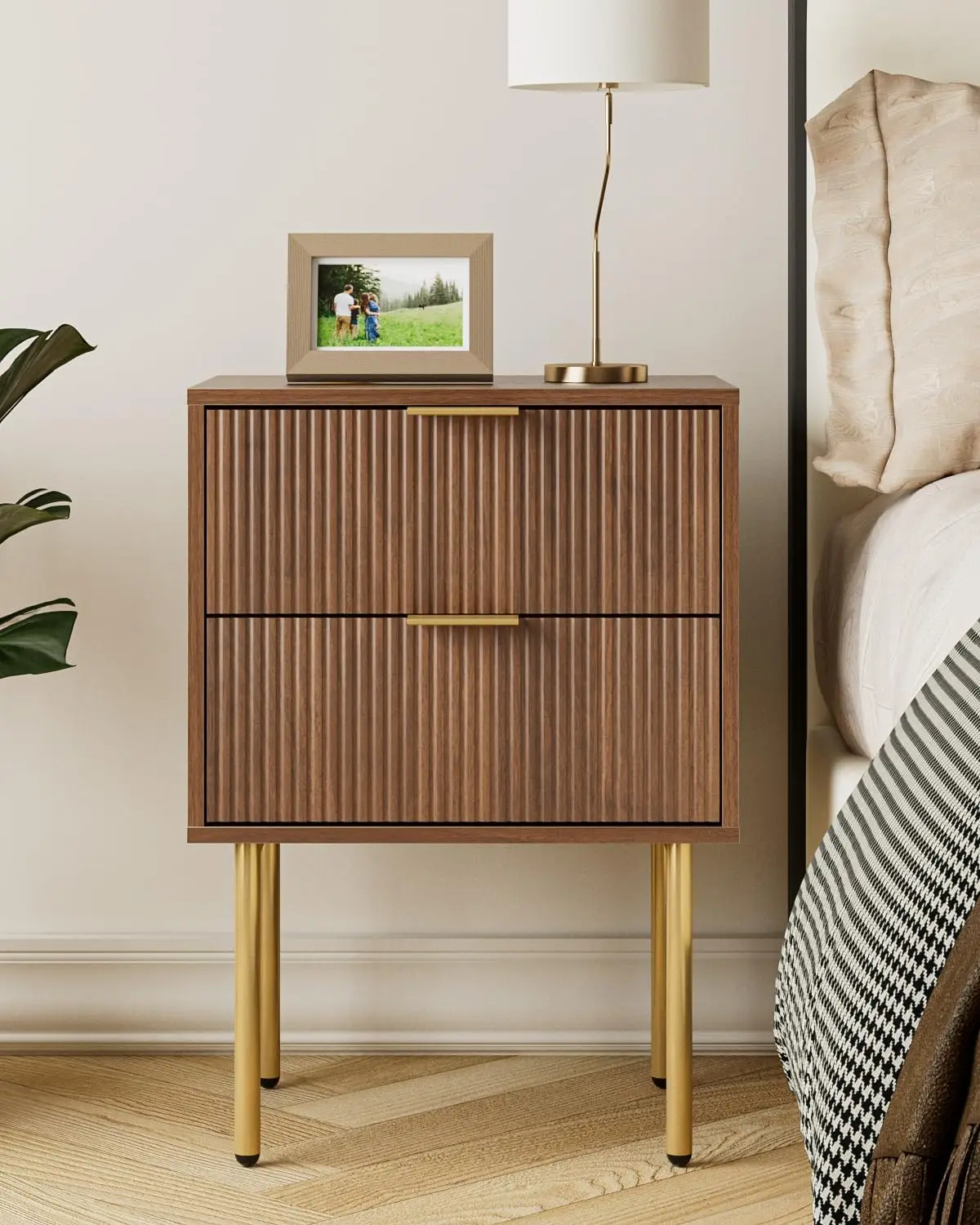 

Night Stand, Modern Nightstand with Drawers, Bedside Table, Gold Small Side Table for Bedroom, Living Room End Table (Walnut