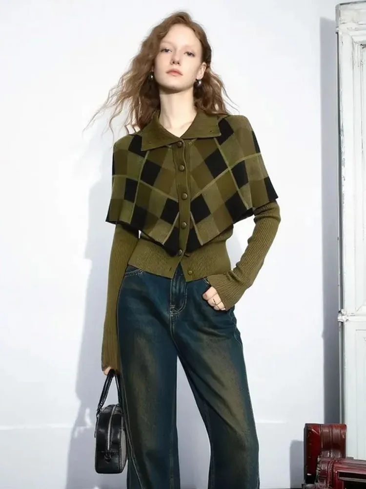 

ZhuoZhi Осень 2025 Новинка: Вязаный кардиган с воротником-стойкой и бриллиантовым узором, мягкий французский стиль, длинный рукав, женский свитер