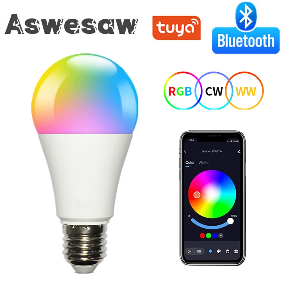 Wireless Bluetooth 4.0 Smart Bulb Tuya APP Control Dimmable 15W E27 RGB+CW+WW LED Color Change Lamp Compatible Android/IOS