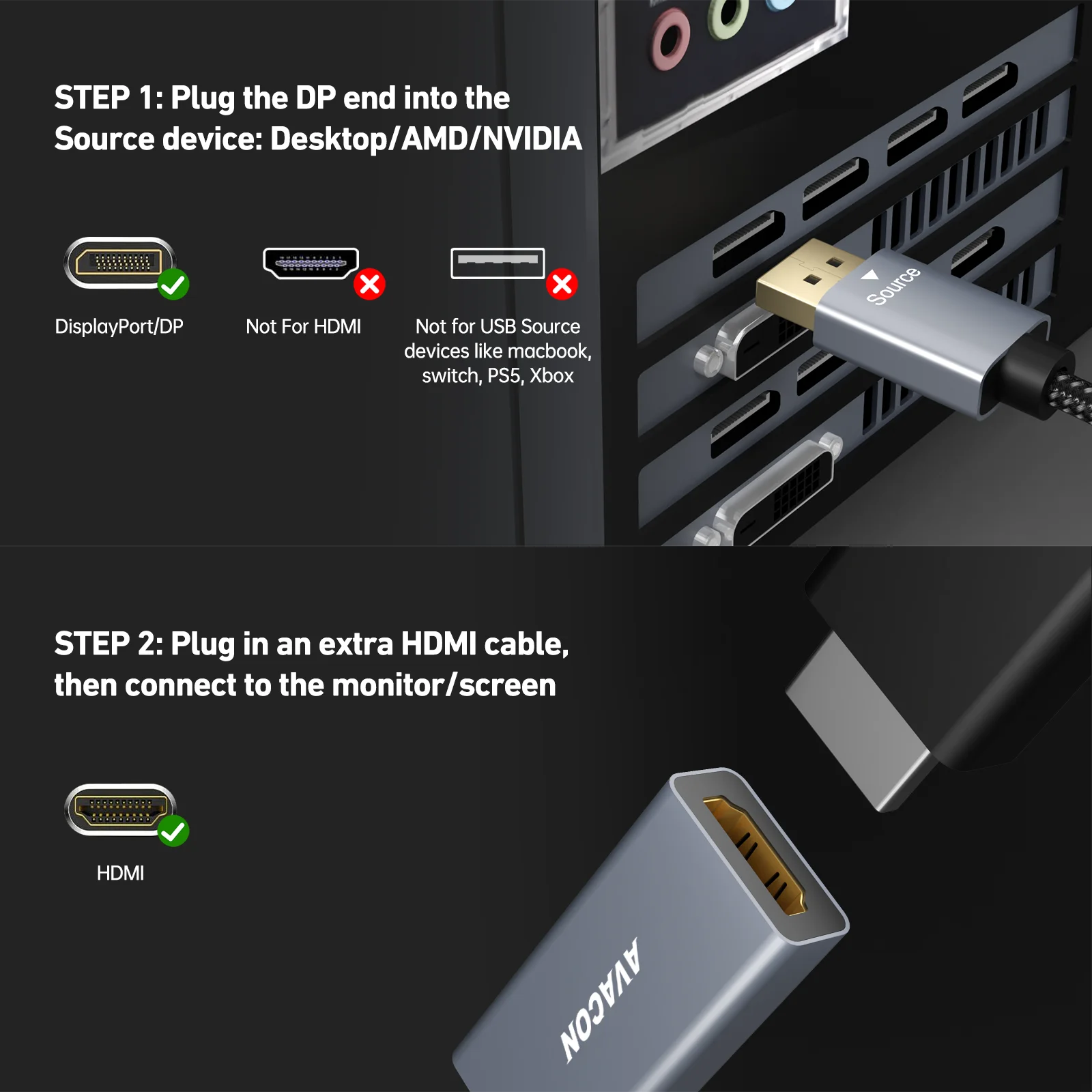 Adapter AVACON DisplayPort na HDMI, adapter wyjściowy DisplayPort na wyjście HDMI, pozłacany, kompatybilny z Lenovo Dell HP i inne